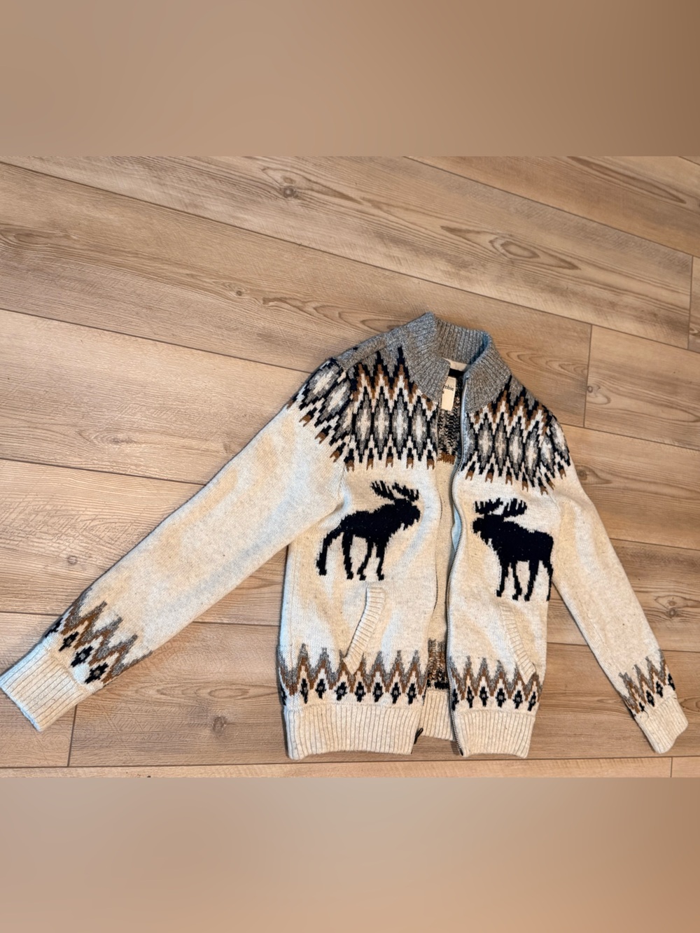 abercrombie kids Cream Zip-Up Sweater with Navy Moose Motif